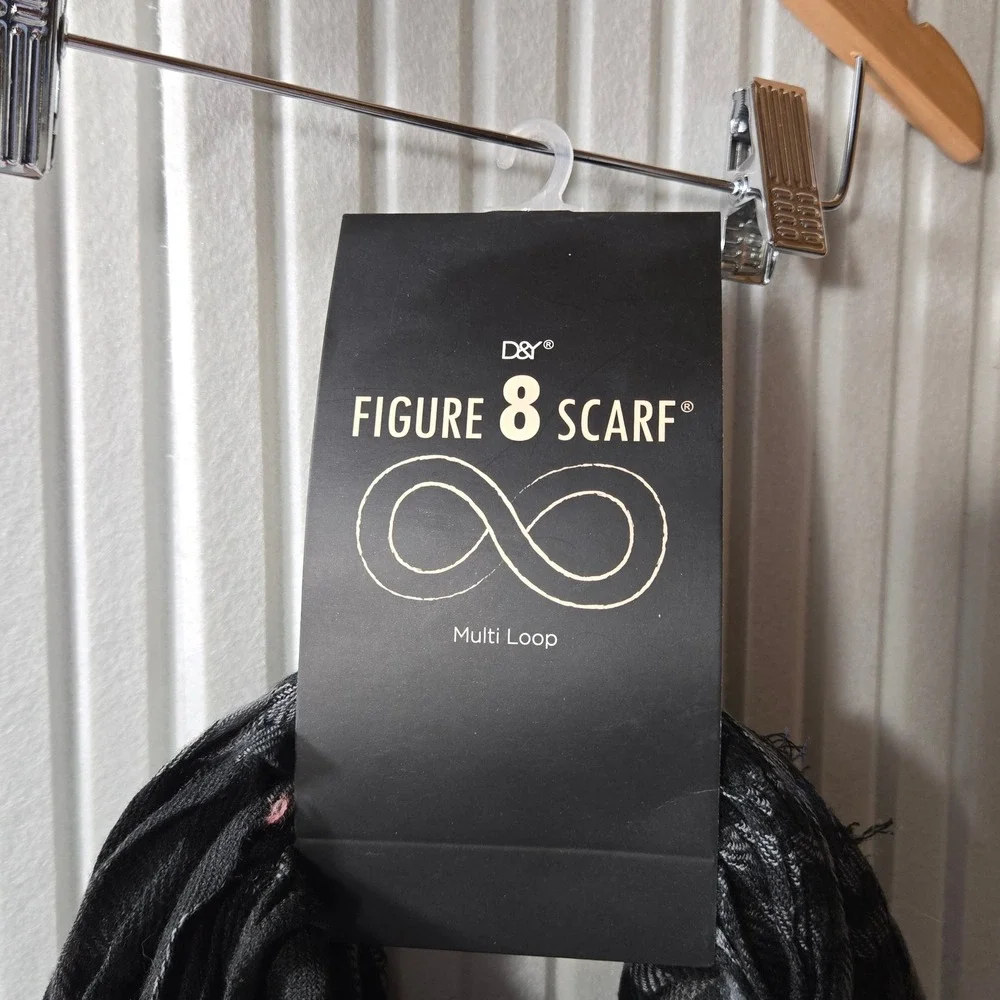 D&Y Figure 8 Scarf Black Blue Plaid Multi Loop Infinity Scarf NWT One Size